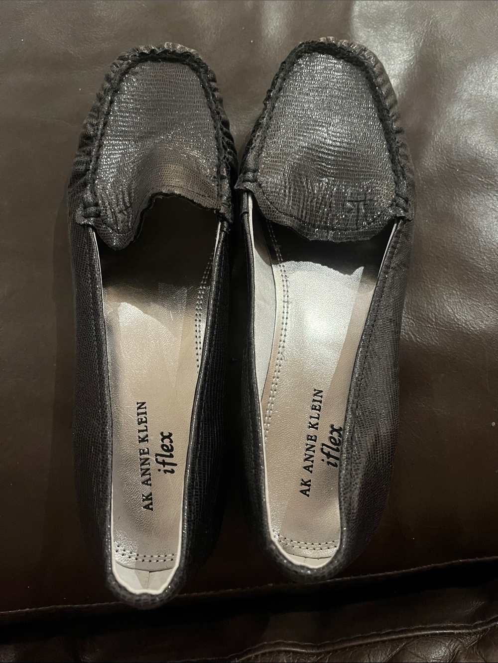 Anne Klein Black Textured Slip-On Moccasins